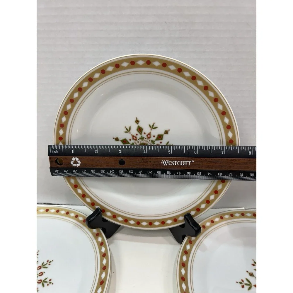 Pier 1 Import 4 Holiday Salad Dessert Plates White Gold Red Green Snowflake 7.5”